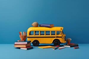 School bus with school accessories and books on blue background illustration photo
