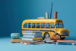 School bus with school accessories and books on blue background illustration photo