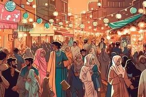Ramadan Kareem street festival, with colorful lights, music, and people of all ages gathering to celebrate together, manga style illustration photo