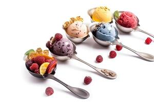 Set of ice cream scoops of different colors and flavours with berries, nuts and fruits decoration on white background illustration photo