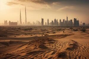 dubai horizonte en Desierto a puesta de sol ilustración generativo ai foto