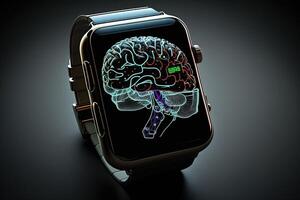 inteligente reloj de el futuro conectado a cerebro ilustración generativo ai foto