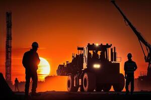 engineer silhouette controlling construction site at sunset supervising progress of project stand on new factory illustration photo