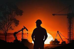 engineer silhouette controlling construction site at sunset supervising progress of project stand on new factory illustration photo