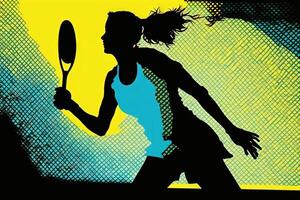 silueta contorno de un mujer jugando pickleball ilustración generativo ai foto