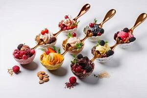 Set of ice cream scoops of different colors and flavours with berries, nuts and fruits decoration on white background illustration photo