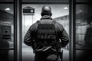 seguridad Guardia controlador interior Entrada portón ver desde el espalda detalle de pistola ilustración generativo ai foto
