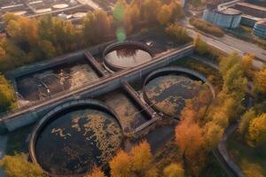 Aerial view of modern industrial sewage treatment plant at sunset illustration photo