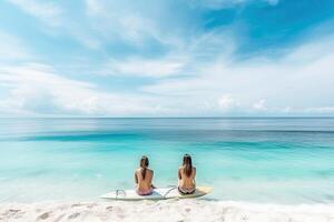 surfers girl sitting back to back in front of sea contemplating turquoise water paradise illustration photo