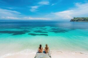 surfers girl sitting back to back in front of sea contemplating turquoise water paradise illustration photo