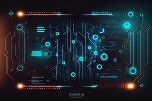 digital futuristic circuit technology, 3d abstract sci-fi user interface concept with blurred dots and lines. artificial intelligence illustration photo