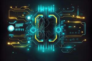 digital futuristic circuit technology, 3d abstract sci-fi user interface concept with blurred dots and lines. artificial intelligence illustration photo