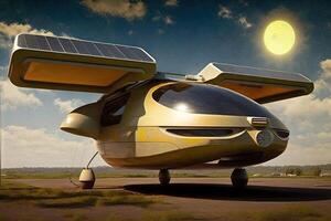 Solar Powered Flying Car of the future with advanced solar technology to generate lift, allowing for emission-free, vertical take-off and landing illustration photo