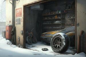 grande neumático en un cochera, invierno frío y nieve fuera de ilustración generativo ai foto
