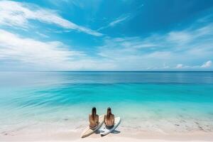 surfers girl sitting back to back in front of sea contemplating turquoise water paradise illustration photo