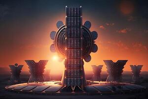 Space Based Solar Power Plant of the future located in orbit around the Earth, harnessing the abundant and consistent energy of the sun to provide clean energy for the planet illustration photo