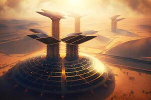 Space Based Solar Power Plant of the future located in orbit around the Earth, harnessing the abundant and consistent energy of the sun to provide clean energy for the planet illustration photo