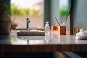 Table Top And Blur Bathroom Of The Background illustration photo