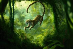 Cat tarzan in the jungle illustration photo