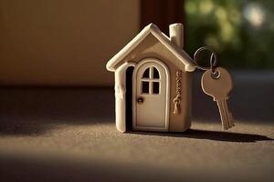 The home key with house keyring in the door keyhole property and new home concept illustration photo