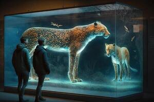 futuro zoo zoológico parque ofrecimiento visitantes natural holográfico y mecánico versiones de algunos de el mundo más fascinante criaturas ilustración generativo ai foto