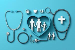 Top view of medical stethoscope and icon family on cyan background. Health care insurance concept illustration photo