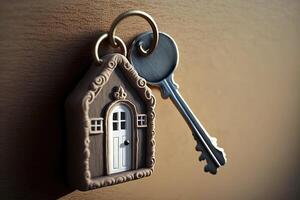 The home key with house keyring in the door keyhole property and new home concept illustration photo