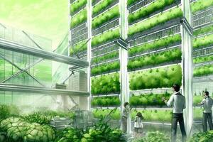 Vertical Farming System Large-scale, high-tech that use hydroponic and aeroponic techniques to grow crops reducing the need for traditional agriculture and its associated environmental impacts illustration photo