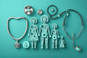 Top view of medical stethoscope and icon family on cyan background. Health care insurance concept illustration photo