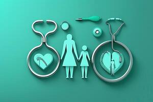 Top view of medical stethoscope and icon family on cyan background. Health care insurance concept illustration photo