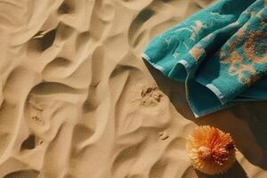 Sandy beach background top view with towel with visible sand texture illustration photo