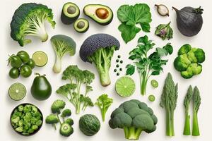 collection of greens vegetables on white background illustration photo