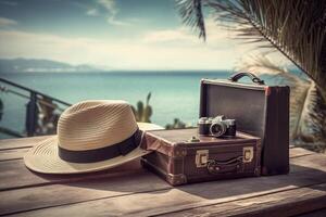 Vintage suitcase, hipster hat, photo camera Summer holiday and cruise traveling concept. illustration