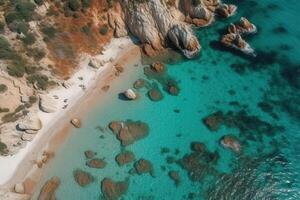 aéreo ver de sombrillas, palmas en el arenoso playa en Oceano . parte superior ver ilustración generativo ai foto