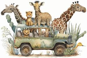 Baby safari animals in jeep illustration photo