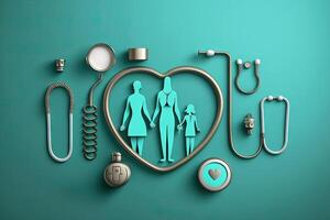 Top view of medical stethoscope and icon family on cyan background. Health care insurance concept illustration photo