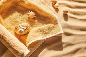 Sandy beach background top view with towel with visible sand texture illustration photo