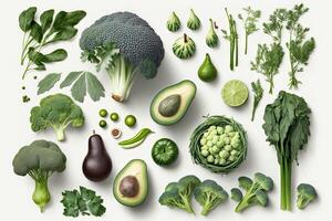 collection of greens vegetables on white background illustration photo