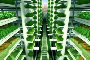 Vertical Farming System Large-scale, high-tech that use hydroponic and aeroponic techniques to grow crops reducing the need for traditional agriculture and its associated environmental impacts illustration photo