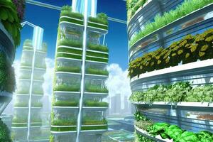 Vertical Farming System Large-scale, high-tech that use hydroponic and aeroponic techniques to grow crops reducing the need for traditional agriculture and its associated environmental impacts illustration photo