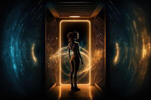 Woman inside teleport cabin while teleporting in lights rays illustration photo