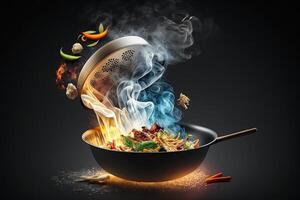 wok pan con volador ingredientes en el aire y fuego llamas en negro antecedentes ilustración generativo ai foto