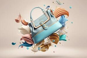 Woman handbag and accessories flying in the air on a light background. Fashionable women items illustration photo