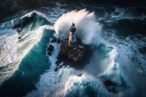 aerial view of Waves hitting a lighthouse in opean sea rock illustration photo