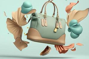 Woman handbag and accessories flying in the air on a light background. Fashionable women items illustration photo