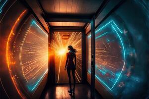 Woman inside teleport cabin while teleporting in lights rays illustration photo