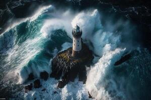 aerial view of Waves hitting a lighthouse in opean sea rock illustration photo