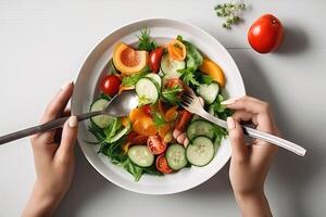 Woman eating dish of salad with vegetables at white wooden table, top view illustration photo