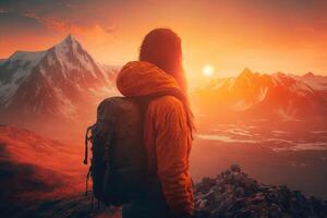 mujer viajero subido a montaña a puesta de sol contemplando paisaje ilustración generativo ai foto