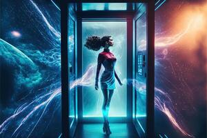 Woman inside teleport cabin while teleporting in lights rays illustration photo